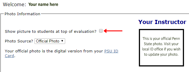 Profile page showing the box to select to add your official University photo